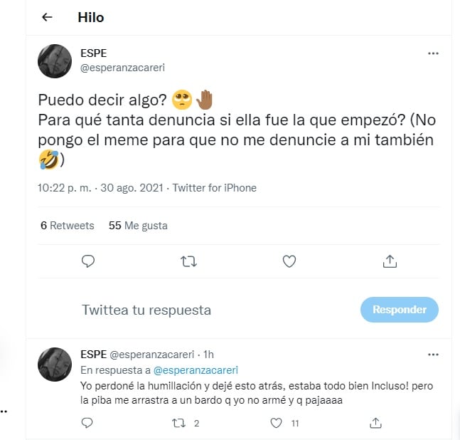 Captura del tweet de Esperanza Careri contra Jessica Amicucci.