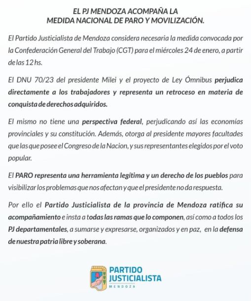 El peronismo mendocino llama a plegarse al paro nacional convocado por la CGT.