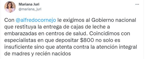 La senadora nacional Mariana Juri exige que se vuelvan a entregar las cajas de leche a embarazadas en centros de salud.