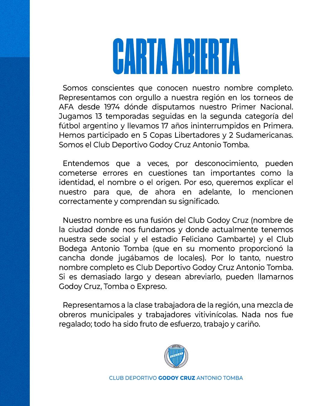 La fuerte carta de Godoy Cruz. Imagen: X / @ClubGodoyCruz