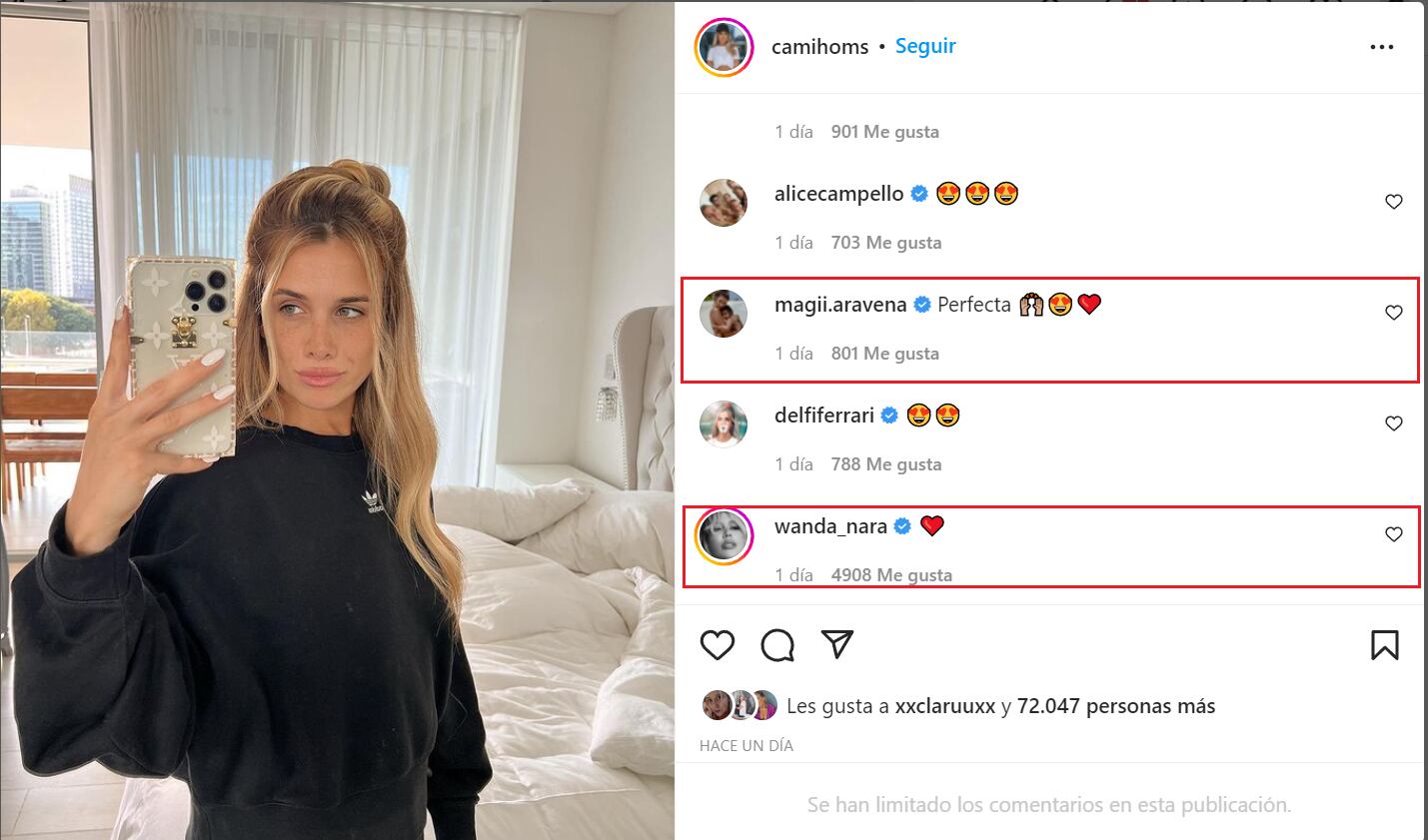 Más comentarios: el de Wanda y un corazón (Instagram @camihoms)