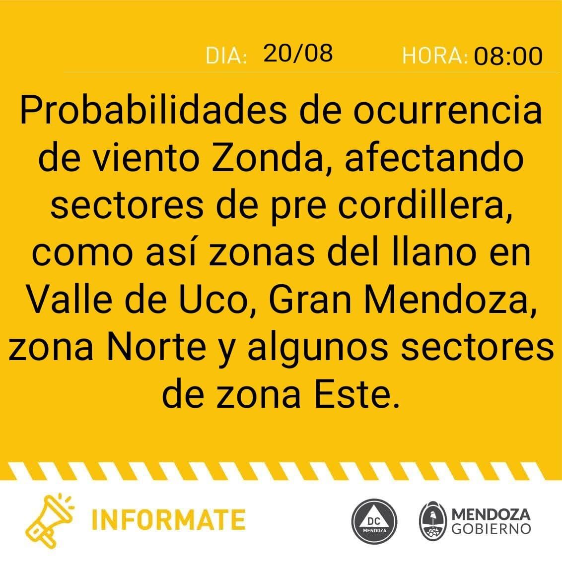 Defensa Civil emitió un alerta ante la probabilidad de descenso de Zonda al llano.