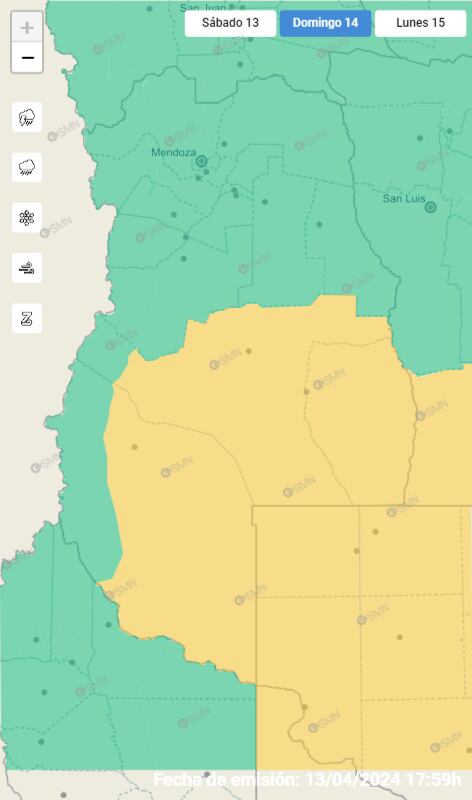 Alerta amarilla para este domingo 14 de abril. Foto: Servicio Meteorológico Nacional