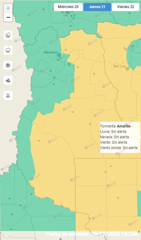 Alerta amarilla del Servicio Meteorológico Nacional por tormentas en el este de la provincia y Zonda en Malargüe para este jueves 21.