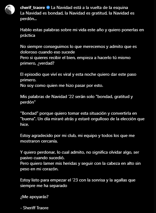 Traducción del mensaje de Cherif Traorè tras viralizarse su caso. Foto: Instagram/@cherif_traore