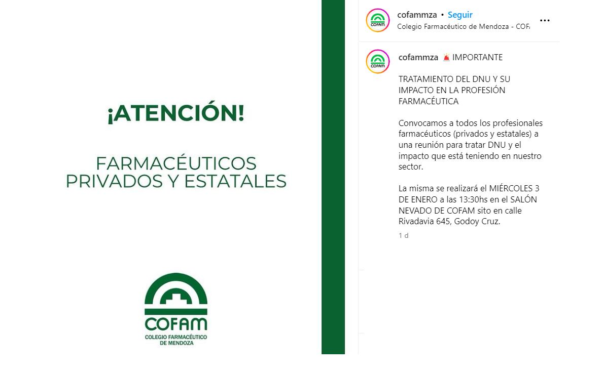 La COFAM han convocado a todos los profesionales farmacéuticos privados y estatales a una reunión - Instagram