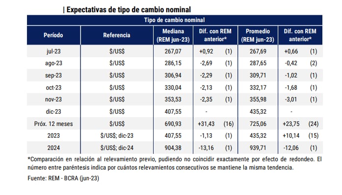 Expectativas de tipo de cambio nominal (junio 2023-publicado en julio)