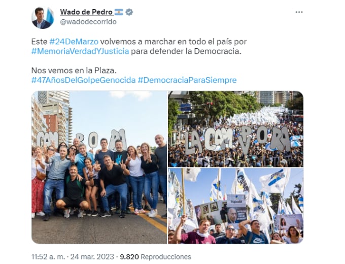 Wado de Pedro dijo presente en la marcha del 24 de marzo, Día Nacional de la Memoria por la Verdad y la Justicia. Foto: Captura Twitter.