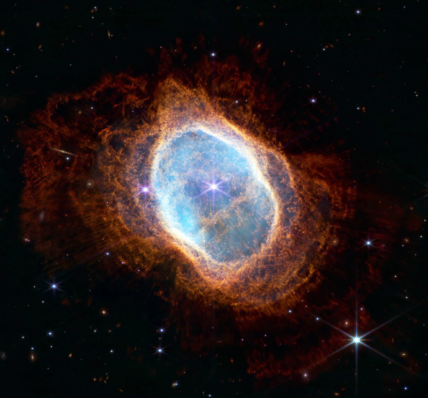 Nebulosa del Anillo del Sur: El telescopio espacial James Webb de la NASA ha revelado detalles de la nebulosa planetaria llamada nebulosa del Anillo del Sur, a 2.500 años luz de distancia, que antes estaban ocultos a los astrónomos. Las nebulosas planetarias son las capas de gas y polvo que expulsan algunas estrellas mientras mueren.