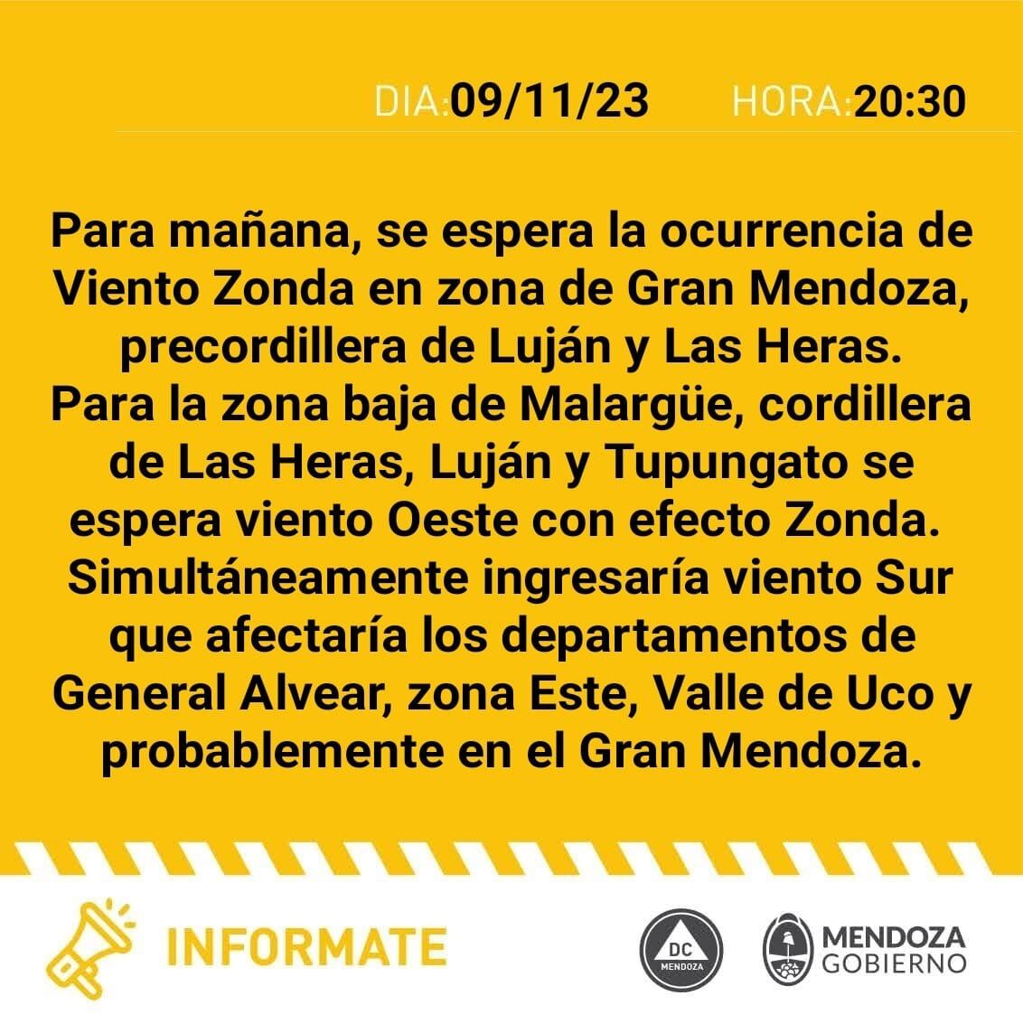 Viento Zonda, tormentas e ingreso de frente frío: así estará el tiempo en Mendoza, según Defensa Civil.