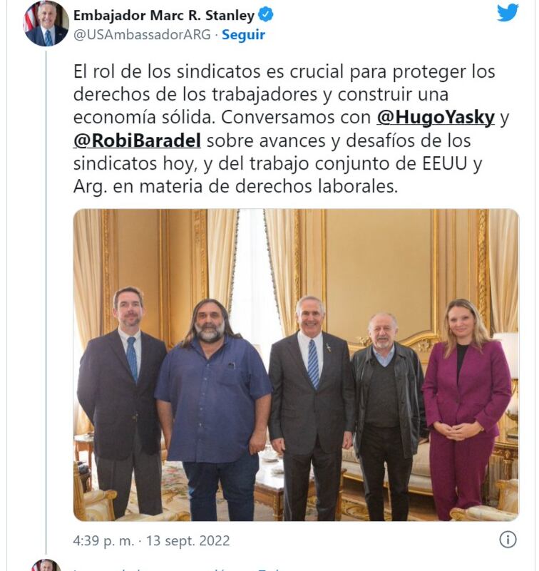 El embajador de Estados Unidos en Argentina, Marc Stanley, se reunió con Roberto Baradel y Hugo Yasky. Twitter