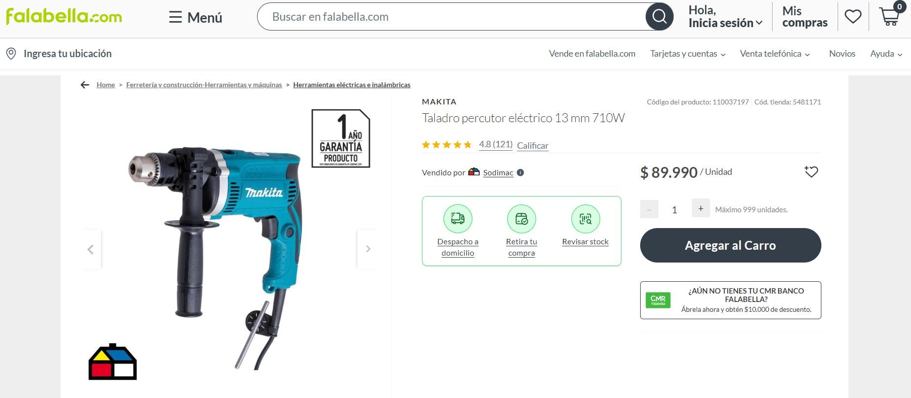 Este es el precio de un taladro percutor Makita, 13mm de 710W.