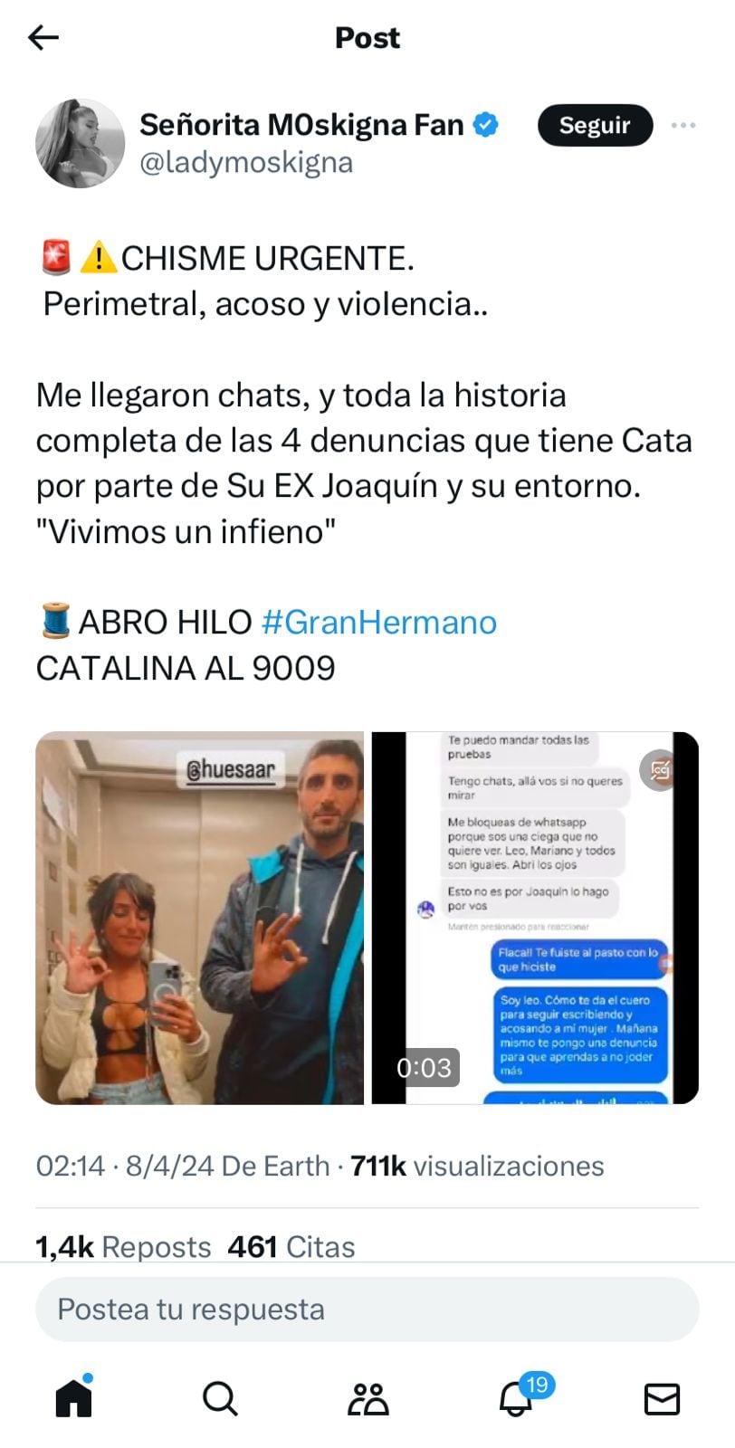 Los mensajes en contra de Catalina en horas decisivas para ella en la casa de Gran Hermano. Captura de pantalla.