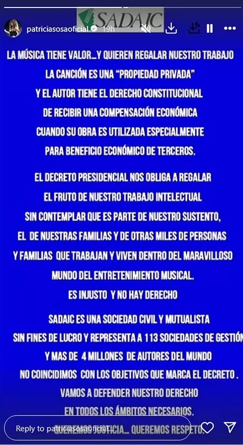 La opinión de Patricia Sosa tras la medida sobre la desregulación en los derechos de autor.