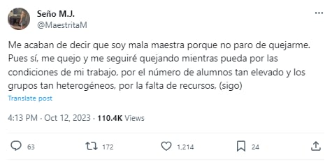 La maestra denunció la situación que viven cientos de sus colegas a través de X (antes Twitter). Gentileza: Captura @MaestritaM