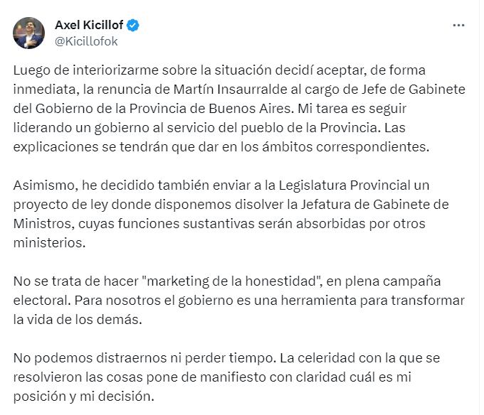 Kicillof anunció que enviará proyecto para disolver la Jefatura de Gabinete - X