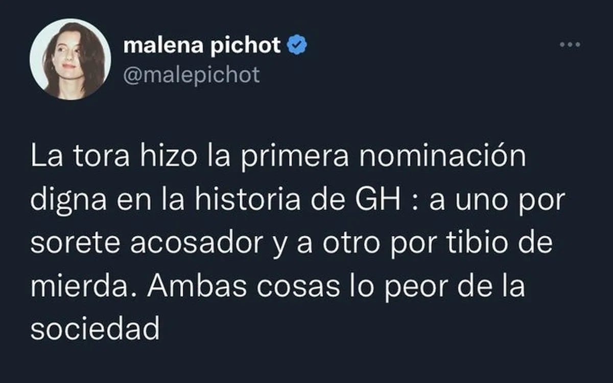 Malena Pichot defendió a La Tora de Gran Hermano.