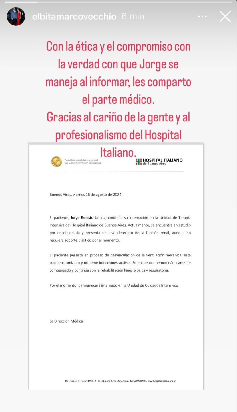 Parte médico 16 de agosto de Jorge Lanata sin firmas. Captura Instagram.