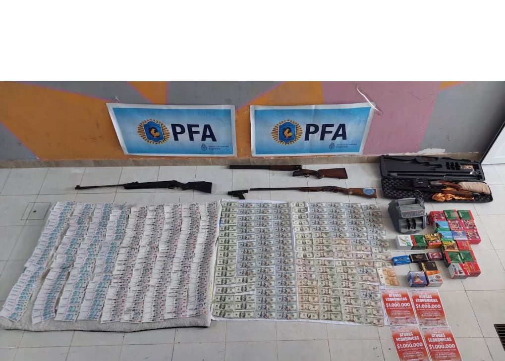 La PFA secuestró dinero en efectivo, armas y municiones. Foto: Policía Federal Argentina