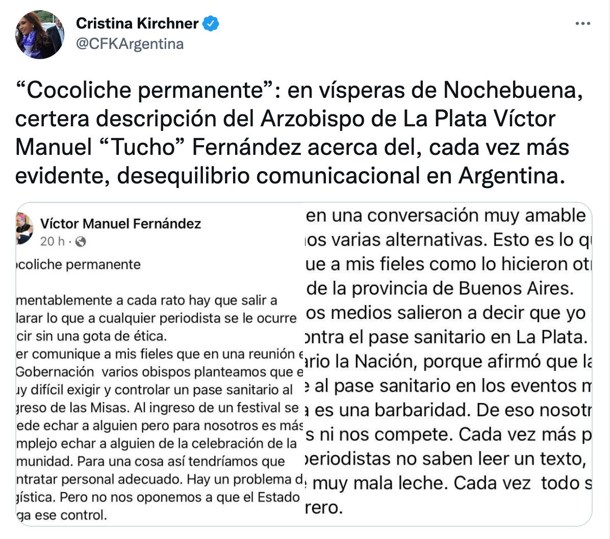 CFK apoyó al arzobispo de La Plata que criticó a los medios