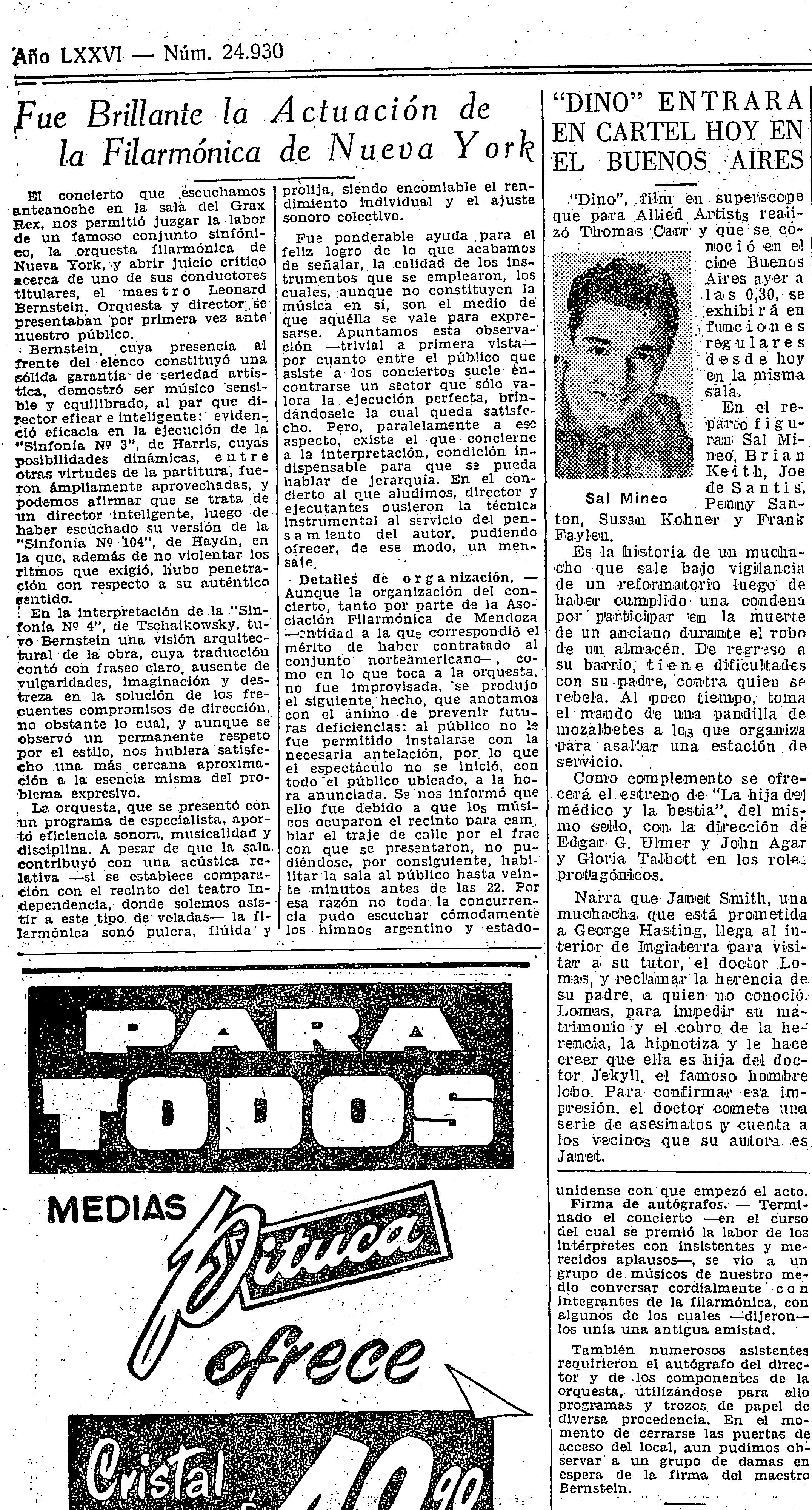 La crítica publicada el 26 de mayo de 1958. Foto: Archivo de diario Los Andes.