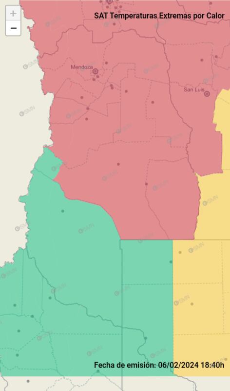 Alerta roja por temperaturas extremas del Servicio Meteorológico Nacional en Mendoza.