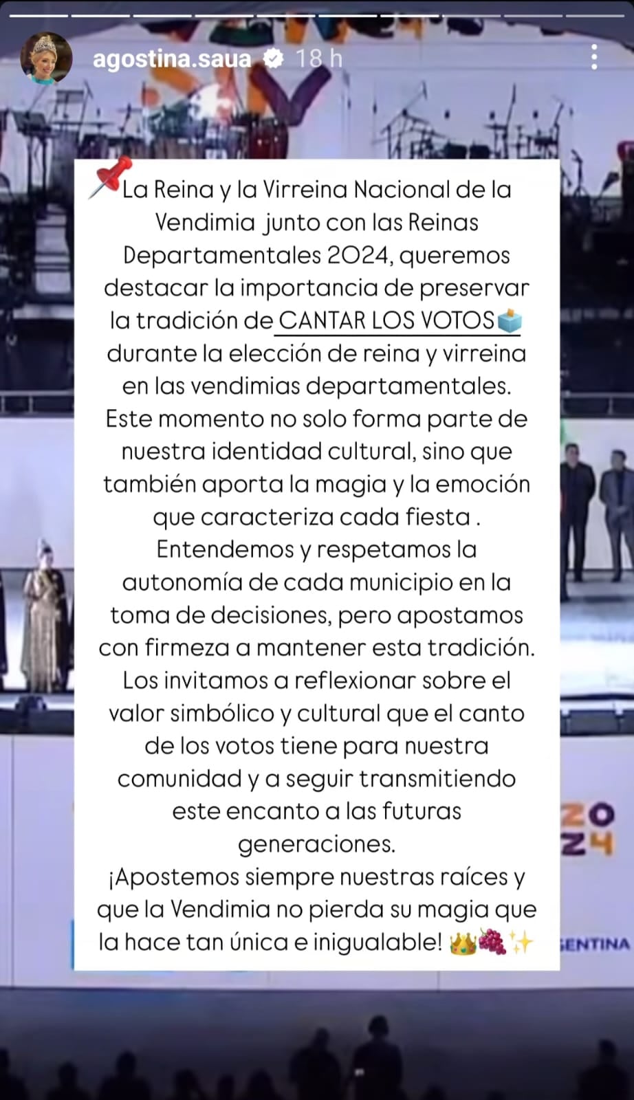 Comunicado de las reinas vendimiales para que se respete el canto de los votos en las fiestas departamentales / Instagram