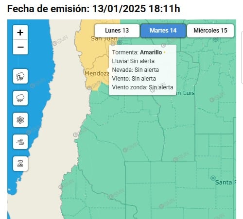 Sigue el calor y la alerta amarilla por tormentas en Mendoza para este martes 14 de enero de 2025.