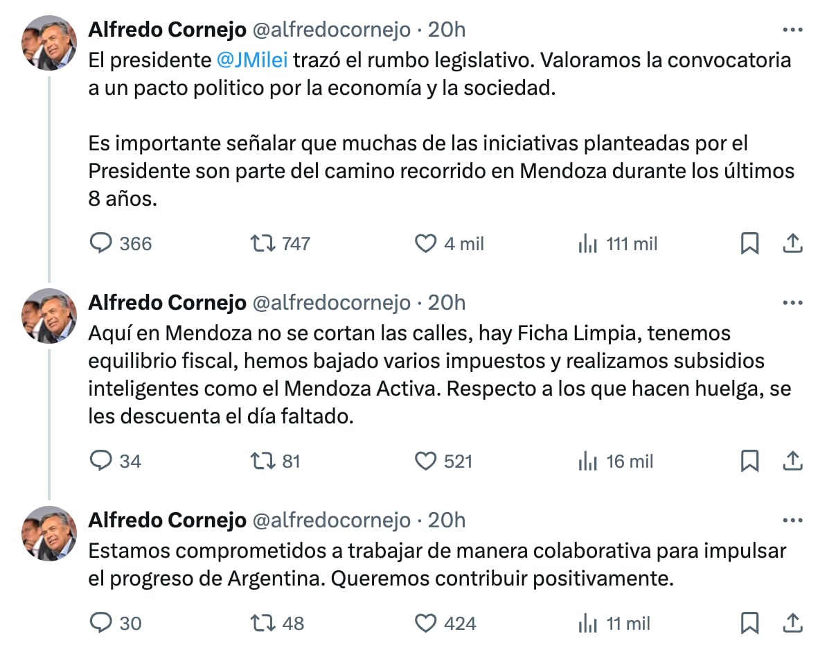 El gobernador Cornejo expresó su apoyo en redes al "Pacto de Mayo" anunciado por Milei