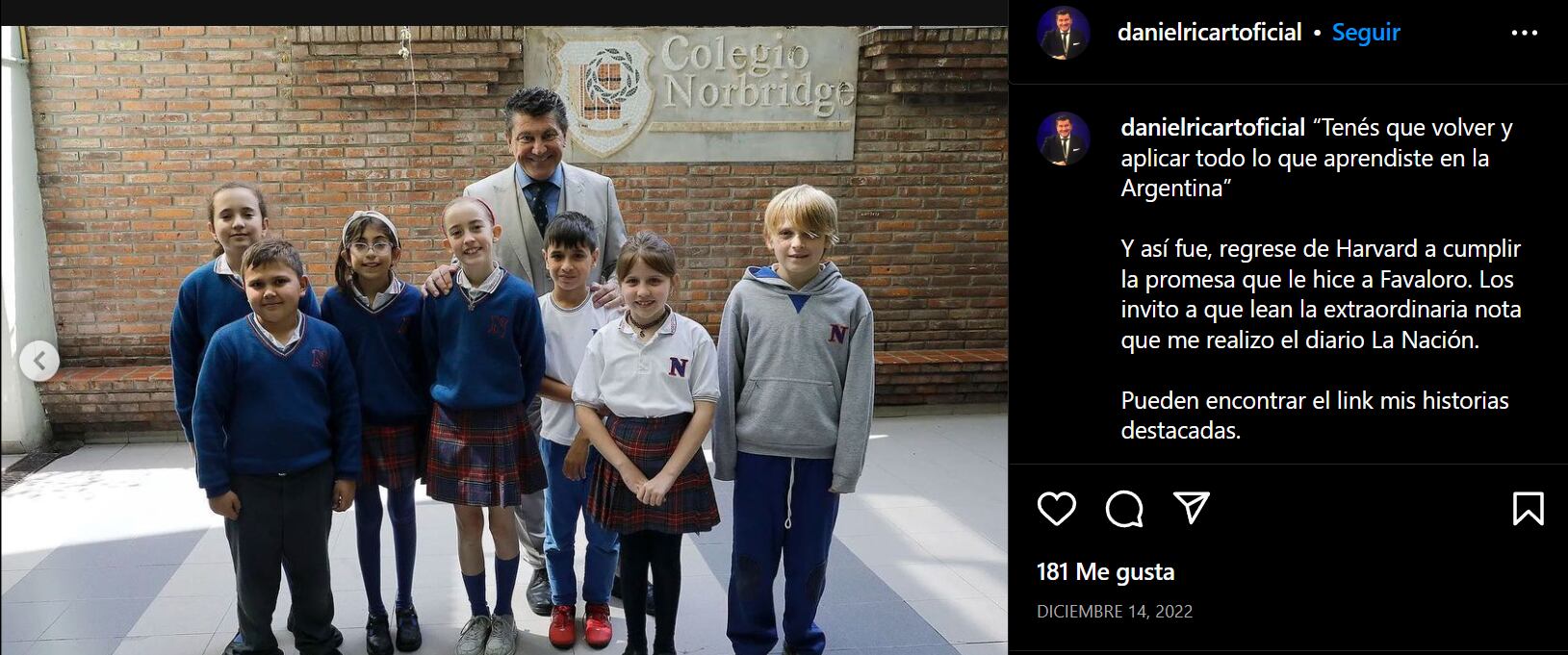 Daniel Ricart en la Escuela de Norbridge. Foto: Instagram/@danielricartoficial