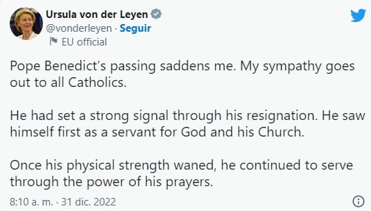 Mensaje original de Ursula von der Leyen a Benedicto XVI.