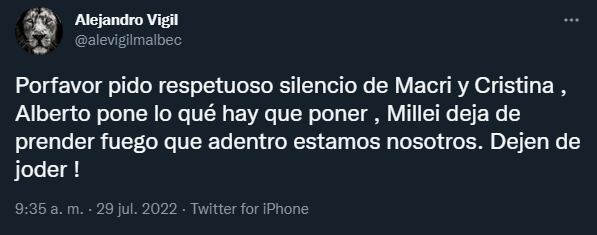 Alejandro Vigil se expresó en Twitter. - Captura