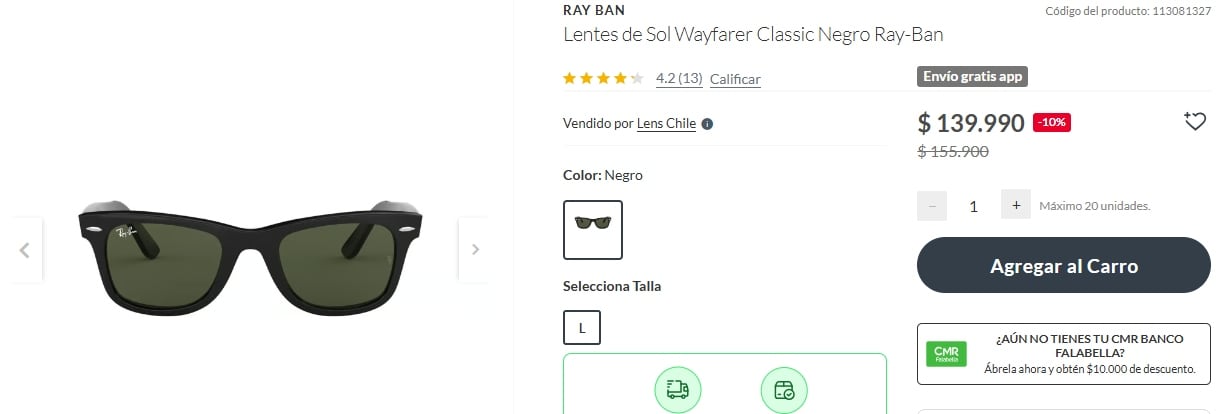 La tienda de Falabella ofrece unos lentes de sol Ray Ban Wayfarer Classic a un precio promocional de $139.990 chilenos.