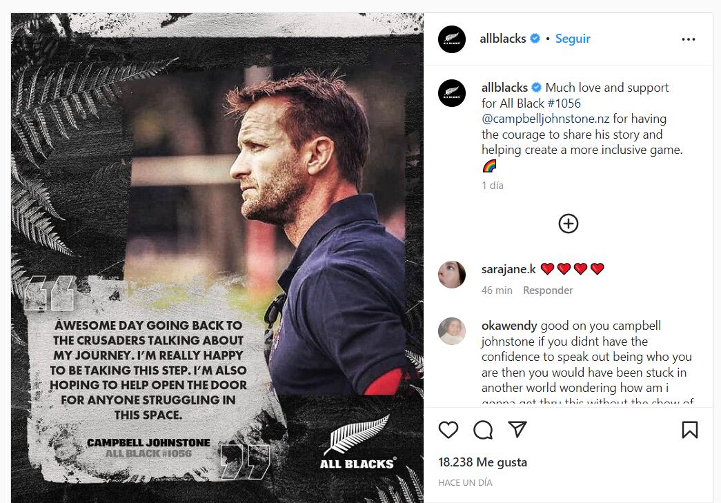 El mensaje de los All Black para Campbell Johnstone - Instagram