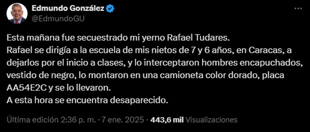 Edmundo González Urrutia denunció la detencion de su yerno. (Foto: captura Twitter)