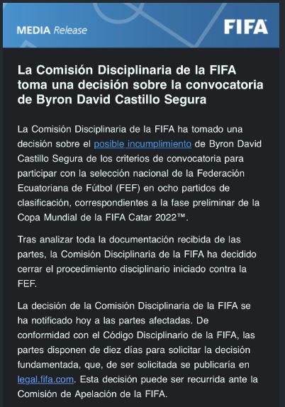 El fallo de la FIFA en favor de Ecuador. / FIFA