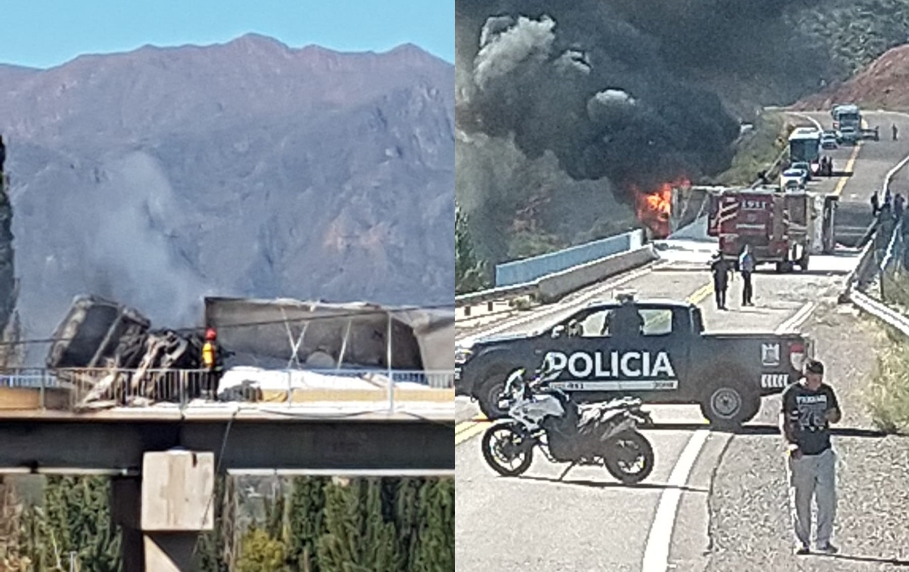 Por el camión que se prendió fuego en la ruta a Chile, cortan el tránsito para camiones. Los están deteniendo en Uspallata y en la destilería. Foto: Captura Video.