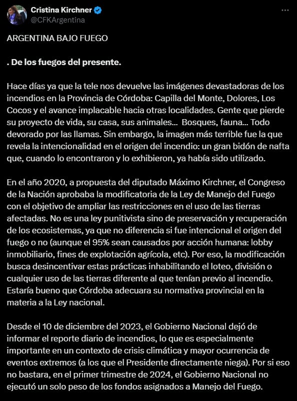 Cristina criticó a Milei por los incendios en Córdoba (parte del extenso escrito). Captura: X / @CFKArgentina