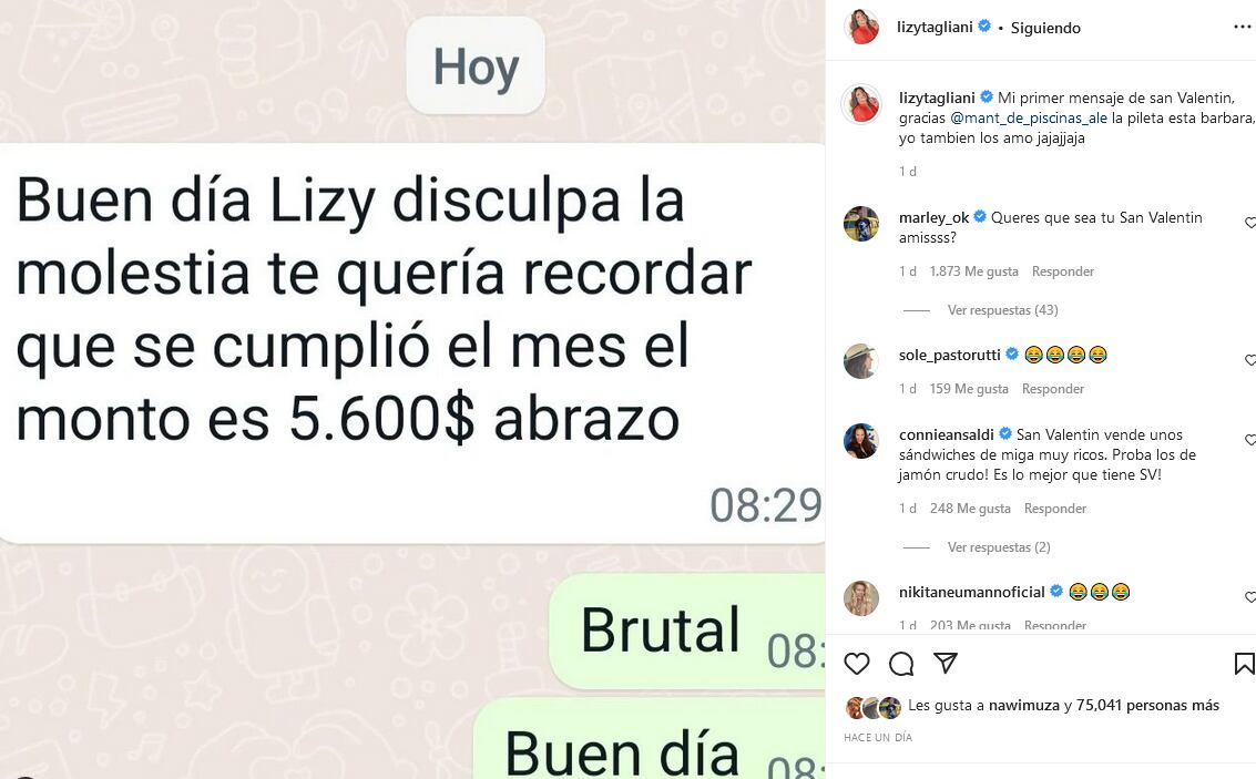 Lizy Tagliani y su primer posteo de San Valentín