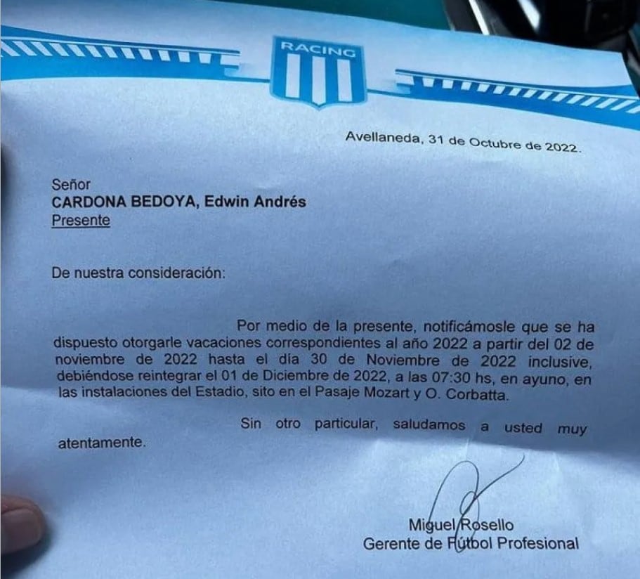 La carta que Racing le envió a Edwin Cardona para notificarlo de sus vacaciones adelantadas.