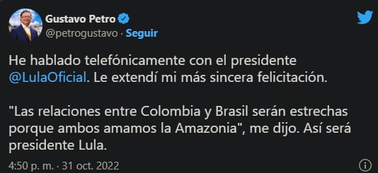 Tuit de Gustavo Petro. Foto: Web