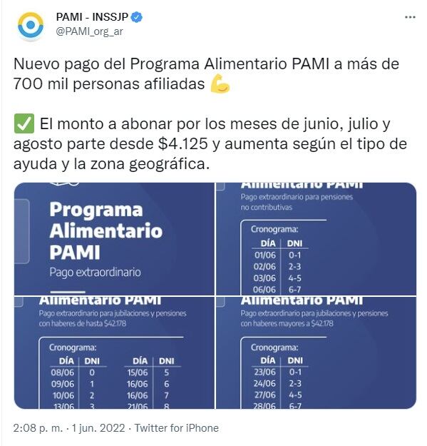 Pago del Programa Alimentario PAMI en junio de 2022 (Twitter)