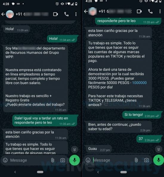 Así se comunican a través de Whatsapp para realizar una estafa.