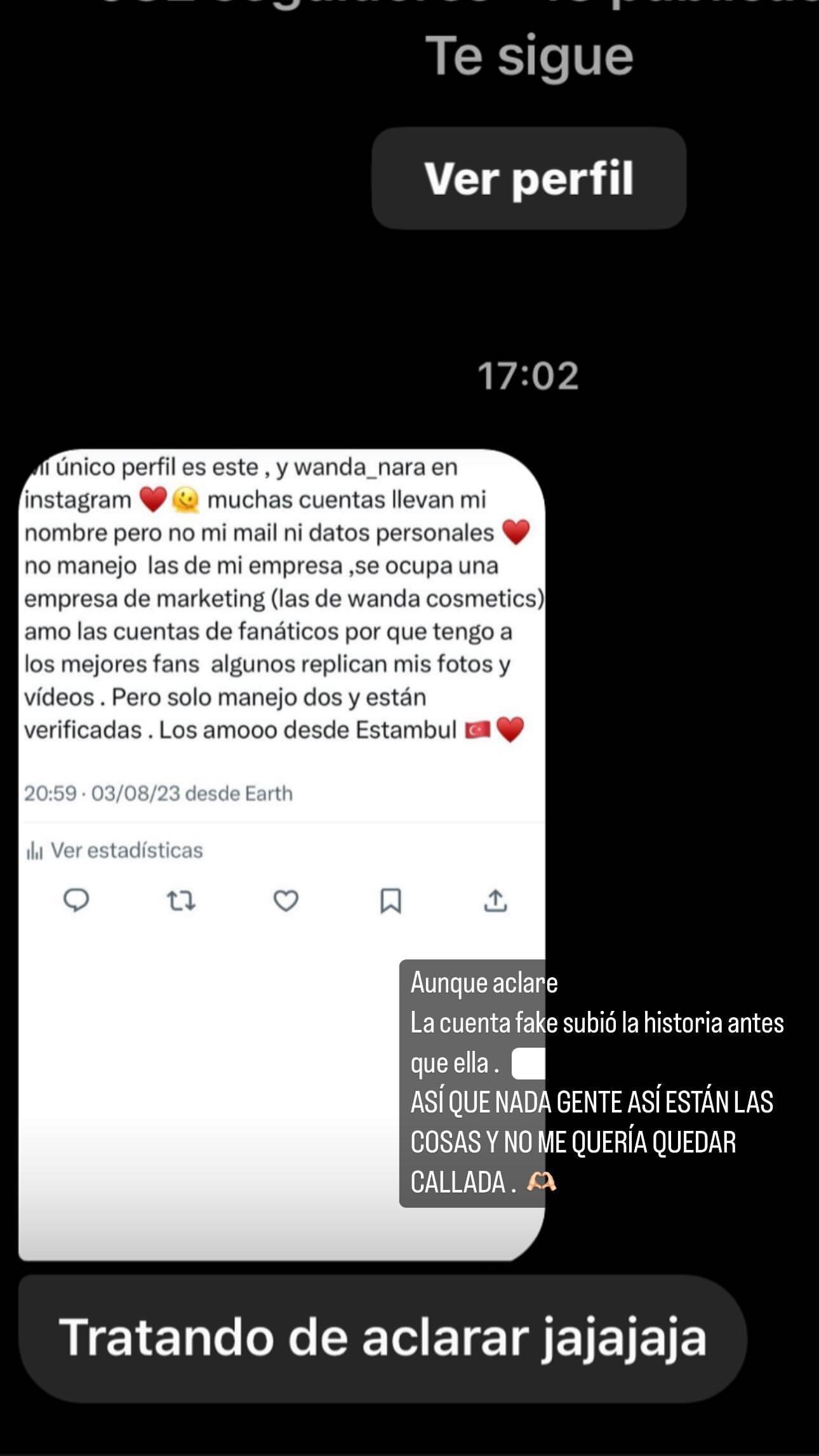 Tamara Báez defenestró a Wanda Nara por el Instagram trucho. Captura de Instagram.