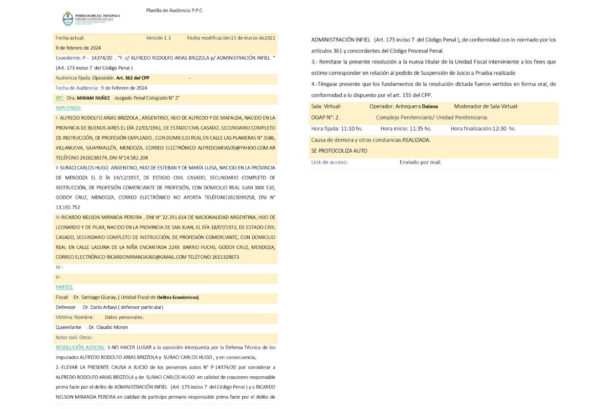 Resolución del Juzgado Penal Colegiado Número 2 que elevó a juicio a Suraci y Arias por administración infiel.