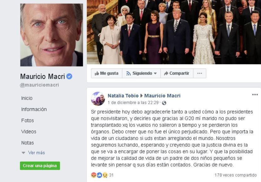 El 1 de diciembre de 2018, Natalia Tobio le escribió en las redes sociales al entonces presidente, Mauricio Macri, para relatarle la situación que derivó en que el riñón que iba a ser trasplantado a su esposo no llegara a Mendoza.