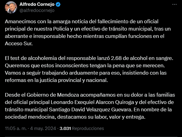 El mensaje del gobernador, a través de su cuenta de X.