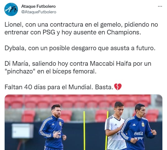 Dybala, Messi y Di María, los lesionados de la Selección Argentina.