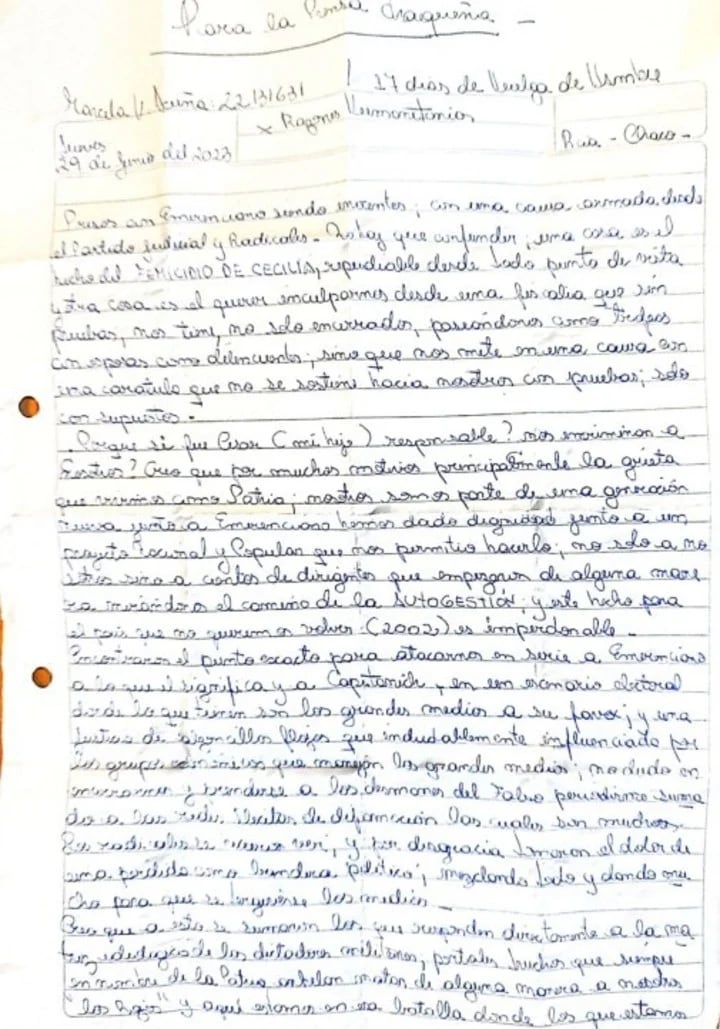 Caso Cecilia Strzyzowski. La carta completa de Marcela Acuña. (Clarín)