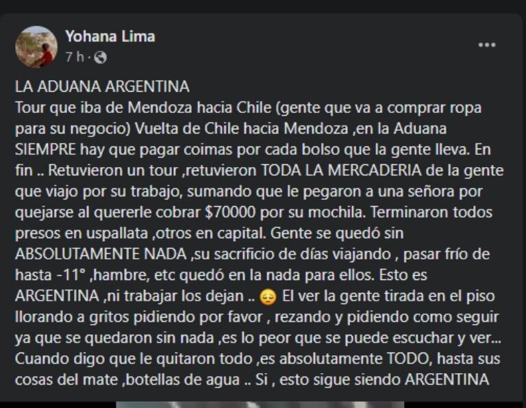 Una mujer denunció vía Facebook un acto de negligencia por parte de la aduana mendocia. Foto: Web